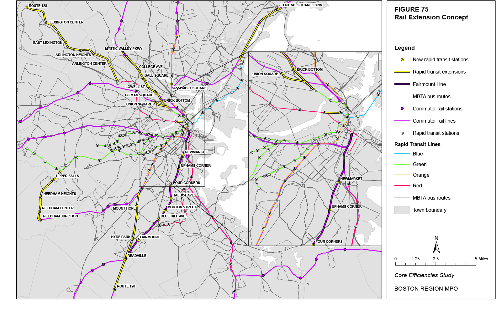 This map shows the MBTA bus, rapid transit, and commuter rail network with the proposed changes in the rail extension concept